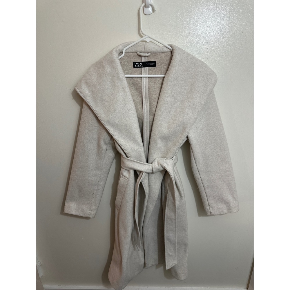 Zara Womens Oatmeal Heather Hooded Wrap Coat Belted Long Jacket Large